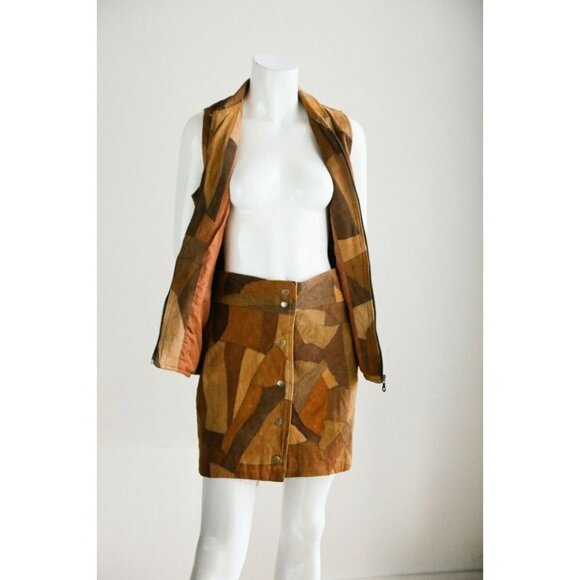 Vintage 90s Buttery Soft Brown Suede Patchwork 2  piece skirt and vest S… - Picture 9 of 12